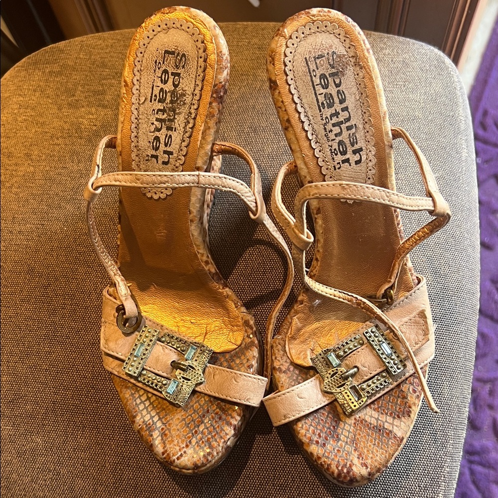 Tan Snake-Print Wedge Sandals with Decorative Buckle